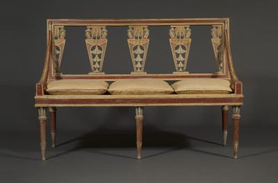 A SUPERBLY DRAWN POLYCHROME PAINTED PAIR OF BENCHES IN THE CHINOISERIE TASTE