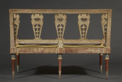 A SUPERBLY DRAWN POLYCHROME PAINTED PAIR OF BENCHES IN THE CHINOISERIE TASTE
