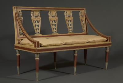 A SUPERBLY DRAWN POLYCHROME PAINTED PAIR OF BENCHES IN THE CHINOISERIE TASTE