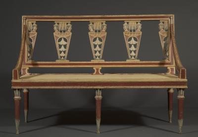 A SUPERBLY DRAWN POLYCHROME PAINTED PAIR OF BENCHES IN THE CHINOISERIE TASTE