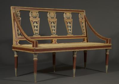 A SUPERBLY DRAWN POLYCHROME PAINTED PAIR OF BENCHES IN THE CHINOISERIE TASTE