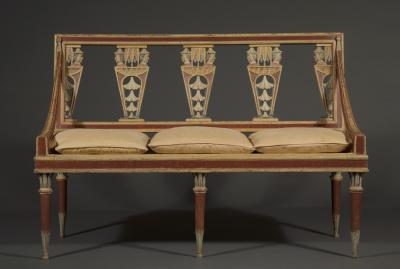 A SUPERBLY DRAWN POLYCHROME PAINTED PAIR OF BENCHES IN THE CHINOISERIE TASTE