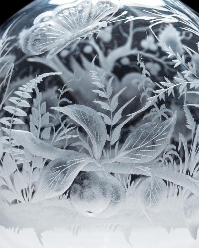 A SUPERBLY ENGRAVED DECANTER DECORATED WITH FRUIT TREES BIRD BUTTERFLY