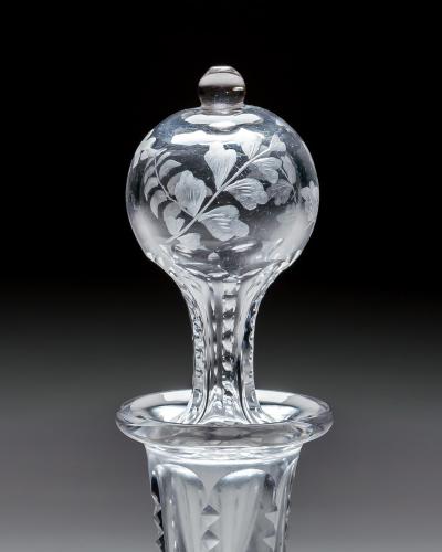 A SUPERBLY ENGRAVED DECANTER DECORATED WITH FRUIT TREES BIRD BUTTERFLY
