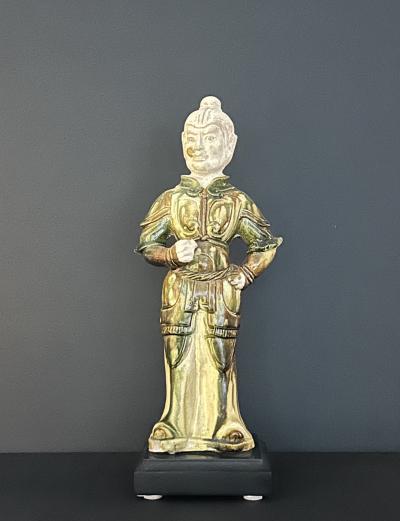 A Sancai Glazed Guardian Figure with Breast Plates and Biscuit Head 