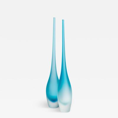 A Set of 2 Hand Blown Murano Flute Vases in Aquamarine