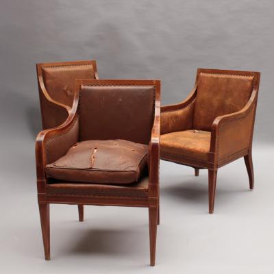 A Set of 3 Fine French 1930s Office Armchairs 1 desk chairs and 2 Visitors