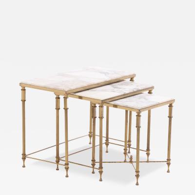A Set of 3 French Brass Marble Nesting Tables Directoire Style C 1950