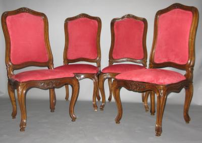 A Set of Four Walnut and Red Velvet Side Chairs