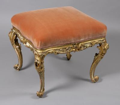 A Set of Six Carved Wood Tabourets with Original Paint and Gilding