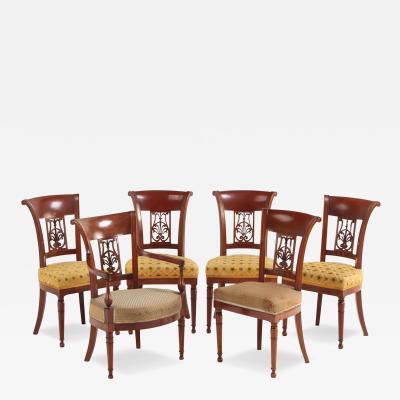 A Set of Six French Directoire Style Carved Walnut Dining Chairs 19th Century 