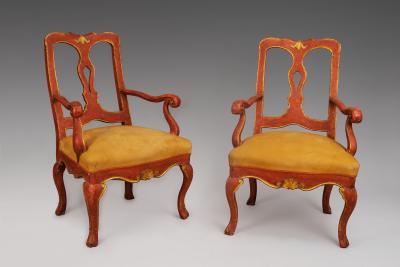 A Set of Three Red Lacquered Slat Back Chairs from the Veneto