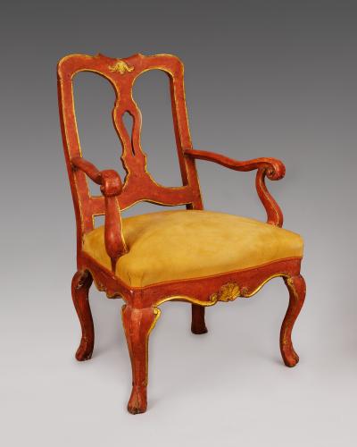 A Set of Three Red Lacquered Slat Back Chairs from the Veneto