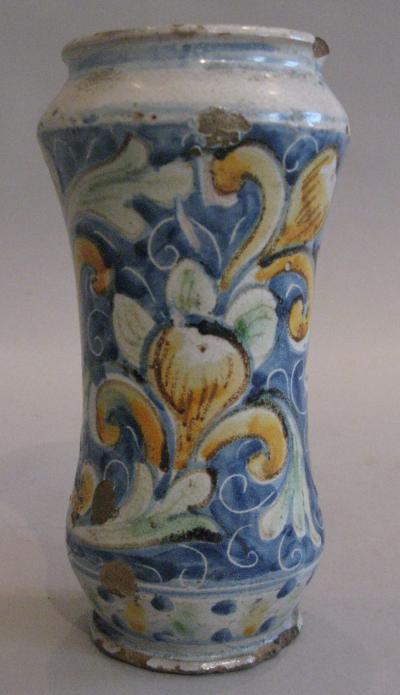 A Sicilian Maiolica Albarello with Polychrome Painted Foliage Decoration