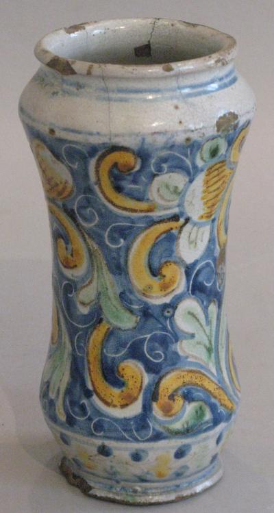 A Sicilian Maiolica Albarello with Polychrome Painted Foliage Decoration