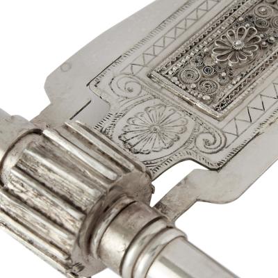 A Silver and Silver Filigree Purim Rattle with Bird Finial