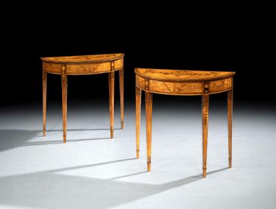 A Small Pair of George III Period Satinwood And Marquetry Demi Lune Side Tables