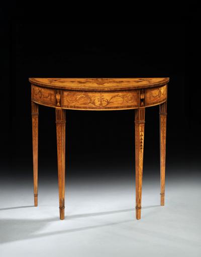 A Small Pair of George III Period Satinwood And Marquetry Demi Lune Side Tables