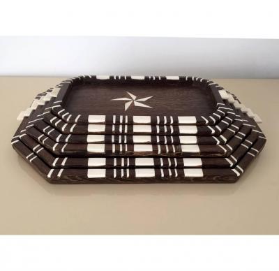 A Stack of Six Antique Wood Trays with Bone Inlays