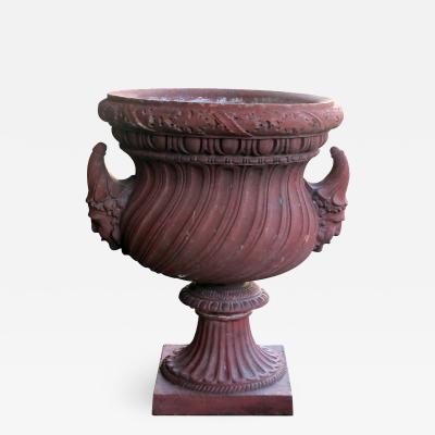 A Stunning English Neoclassical Style Terra Cotta Garden Urn with Mask Handles