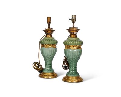 A Suite of Four Theodore Deck Ormolu Mounted Celadon Green Porcelain Lamps