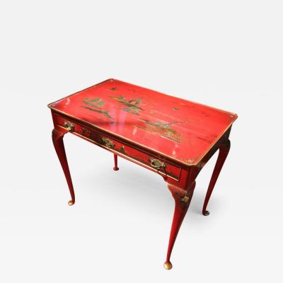 A Unique Queen Anne Chinoiserie Red Lacquer One Drawer Tea Table