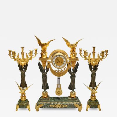 A VERY FINE FRENCH EMPIRE STYLE ORMOLU BRONZE AND MARBLE GARNITURE SET