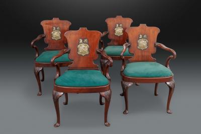 A Very Fine Set of 4 Mahogany Armchairs with Bronze Armorial Plaques