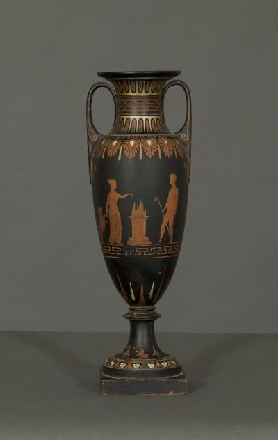 A Very Rare Turned Wood And Etruscan Painted Amphora Form Vase