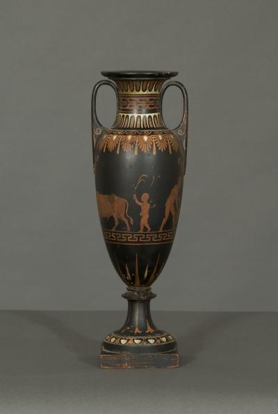 A Very Rare Turned Wood And Etruscan Painted Amphora Form Vase