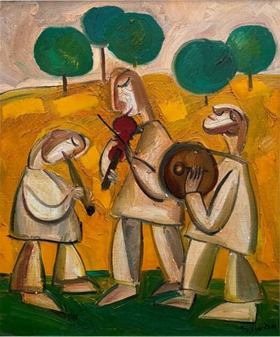 A Vibrant and colorful Oil in Canvas depicting a group of musicians