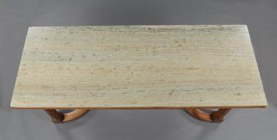 A Walnut Center Or Dining Table With Marble Top In The Manner Of Lutyens