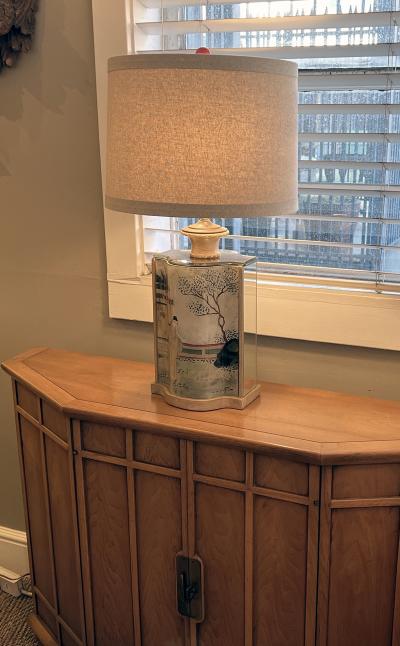 A Well crafted French Reverse painted and Mirrored Arbalete form Lamp