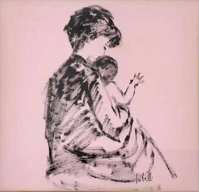 A Woman Holding a Child Lithograph Signed Framed
