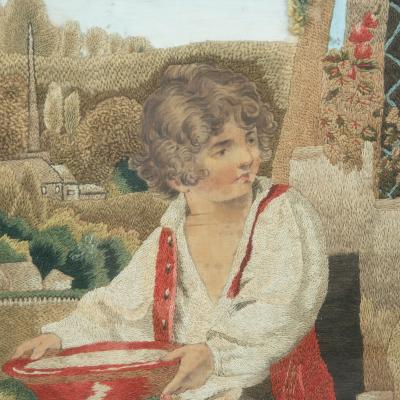 A fine Regency silkwork picture of The Industrious Cottage by Ann Wilson c 1810