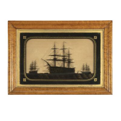 A fine reverse glass silhouette of H M S s Marlborough Foudroyant and Lee