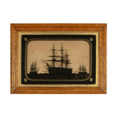 A fine reverse glass silhouette of H M S s Marlborough Foudroyant and Lee