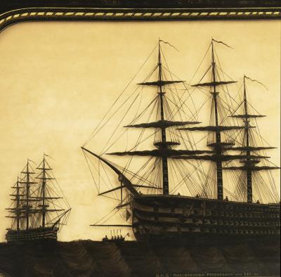 A fine reverse glass silhouette of H M S s Marlborough Foudroyant and Lee