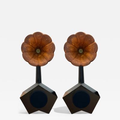 A for Ara Contemporary Walnut Gold Leaf Floor Standing Speakers USA 21st C