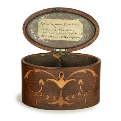 A harewood marquetry tea caddy with Royal Provenance