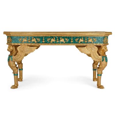 A large French Empire style gilt bronze and malachite centre table