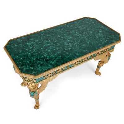 A large French Empire style gilt bronze and malachite centre table