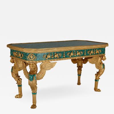 A large French Empire style gilt bronze and malachite centre table