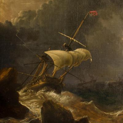 A large and impressive 19th Century painting on canvas depicting ships 