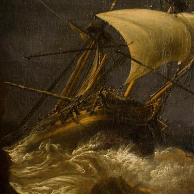 A large and impressive 19th Century painting on canvas depicting ships 