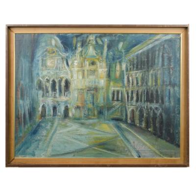 A large oil on masonite painting depicting a city view painting 
