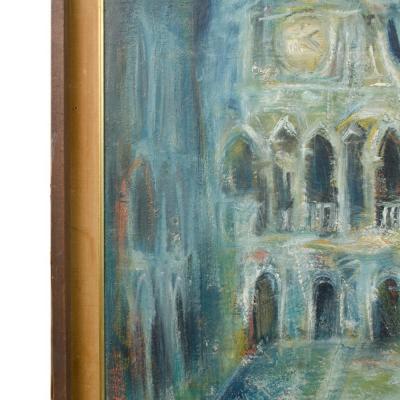 A large oil on masonite painting depicting a city view painting 