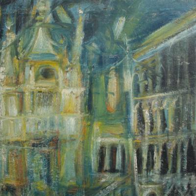 A large oil on masonite painting depicting a city view painting 