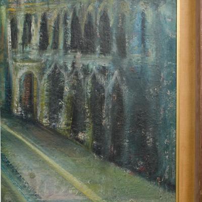 A large oil on masonite painting depicting a city view painting 