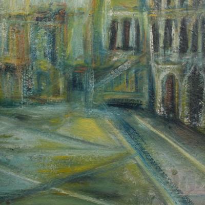 A large oil on masonite painting depicting a city view painting 